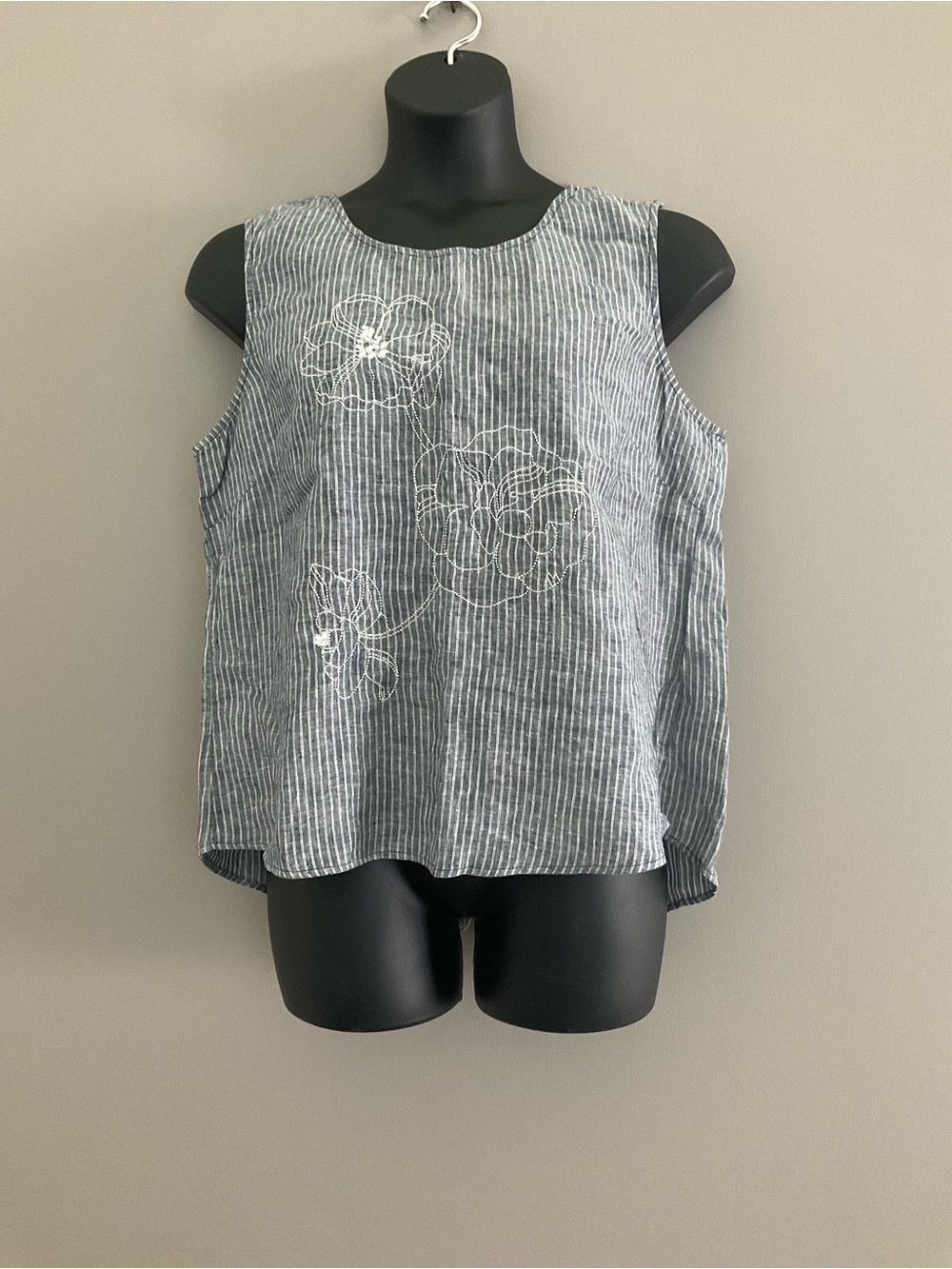 Ellen Tracey Blue and White Thinly Stripped Top (with Floral Design)